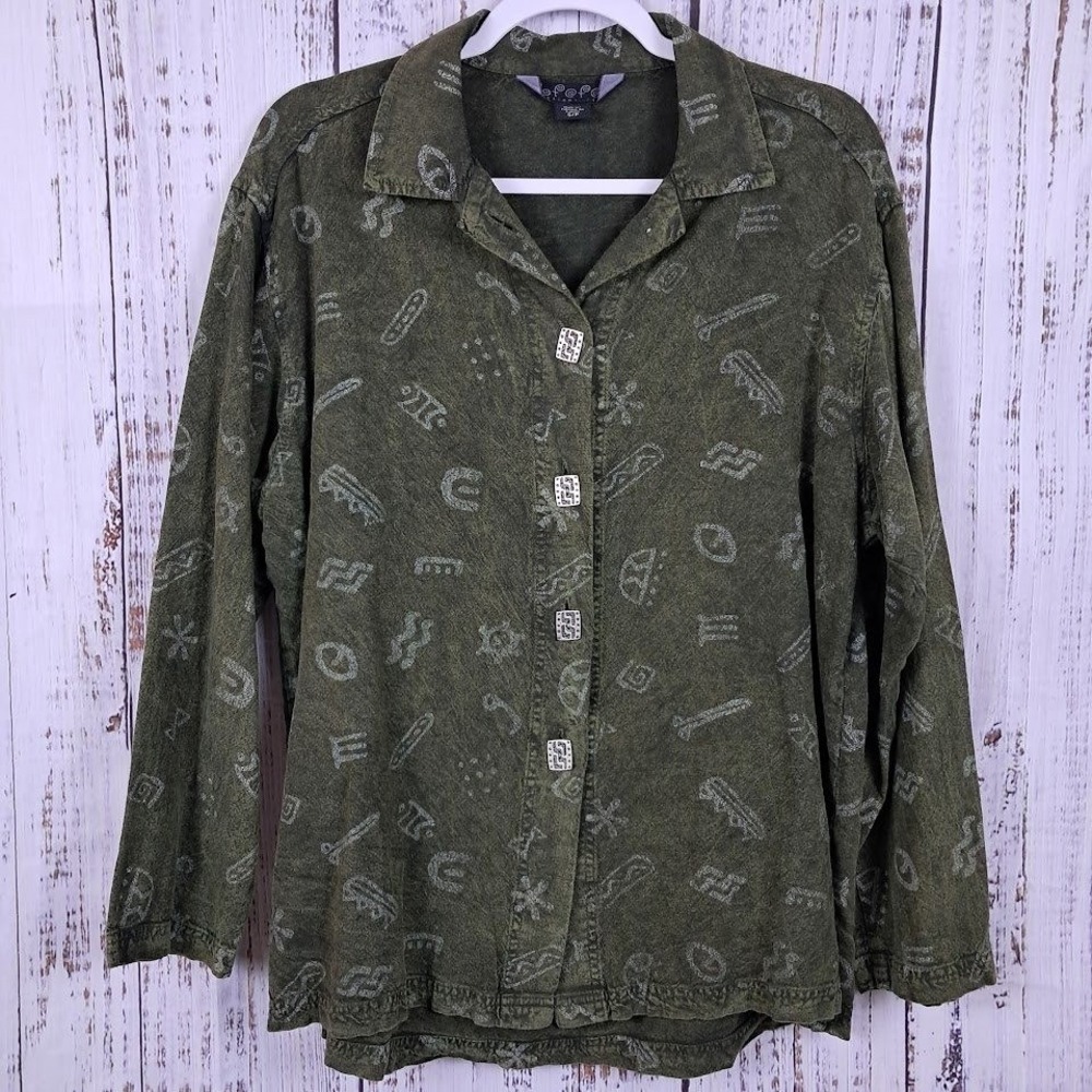 Vtg BFOFO‎ DESIGNS Canada S Button Front Shirt Linen Dark Green Aztec Southwest